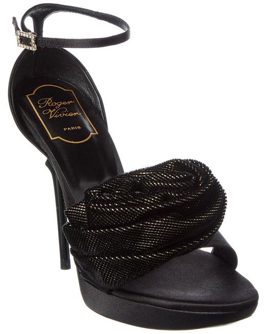 Roger Vivier Women's Black Rose Satin Velvet Platform Sandal