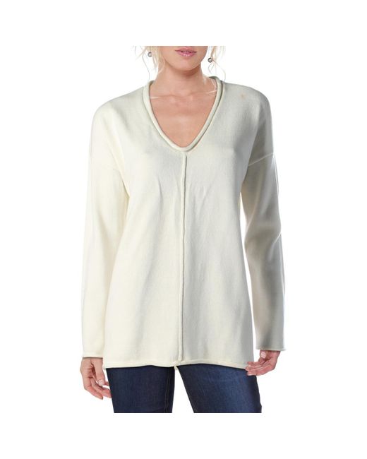 BCBGMAXAZRIA White V-Neck Roll Trim Pullover Sweater
