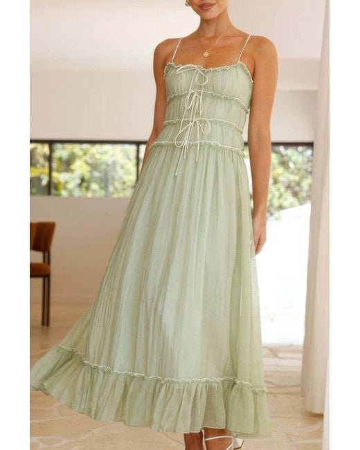 TRUEDAMES Green Off Shoulder Knot Pleated Ruffle Hem Dress