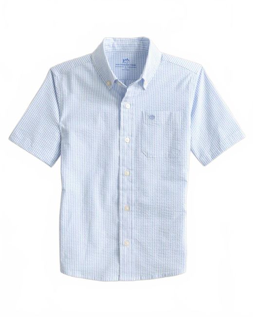 Southern Tide Blue Boy's Short Sleeve Folly Field Stripe Shirt for men