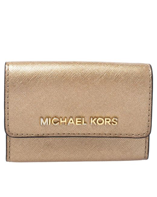 Michael Kors Natural Metallic Gold Leather Flap Card Holder