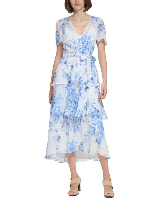 Calvin Klein Blue Floral Print Chiffon Maxi Dress