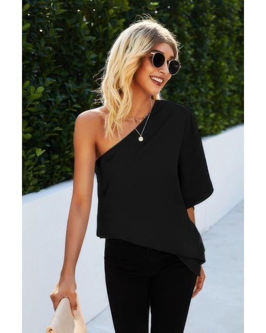 TRUEDAMES Black Solid Asymmetrical Collar Dolman Tunic Top
