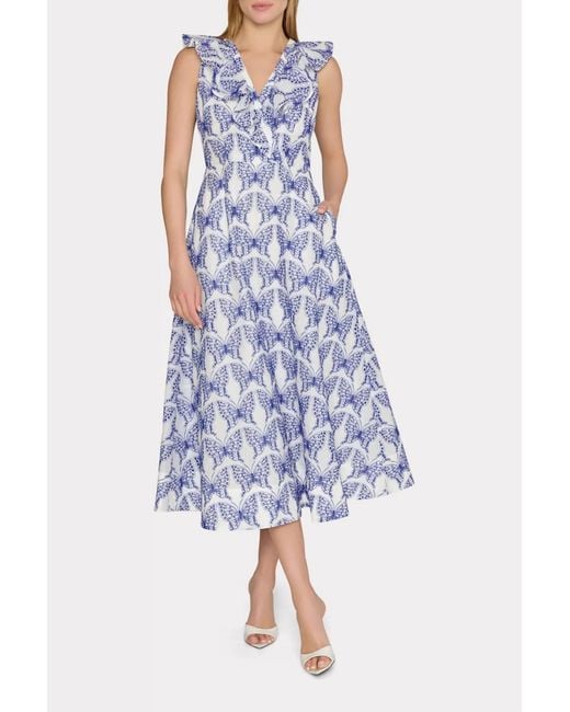 MILLY Blue Butterfly Eyelet Ruffle Midi Dress