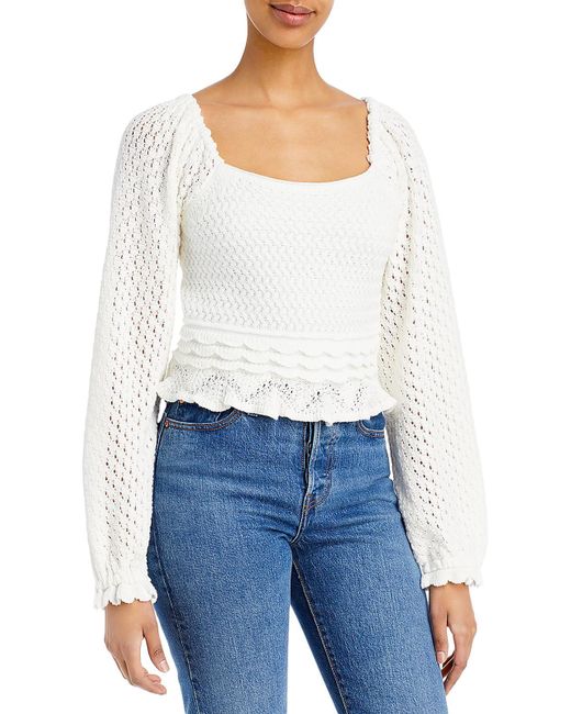 Aqua White Pintuck Square Neck Crop Sweater