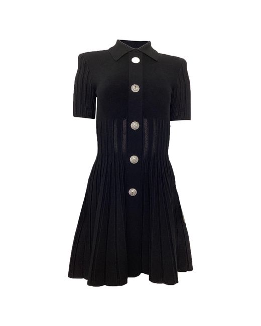Balmain Black Knitted Embellished Button Mini Flared Dress