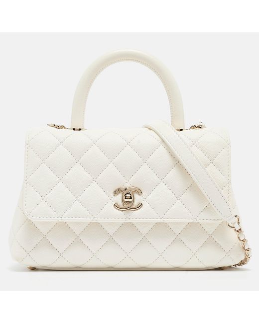 Chanel White Quilted Caviar Leather Mini Coco Top Handle Bag