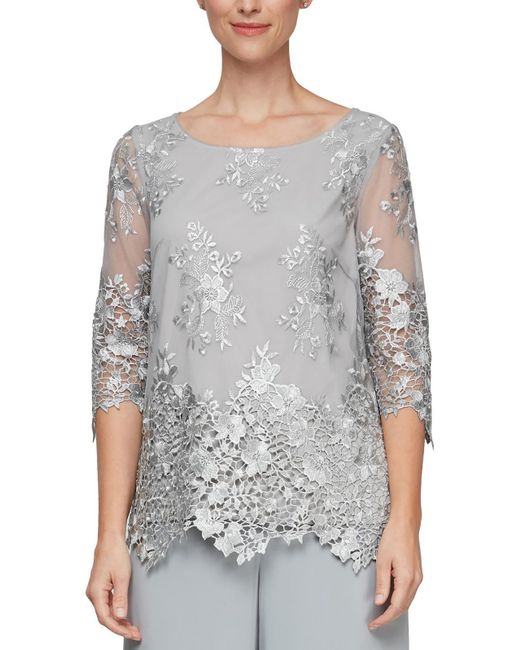 Alex Evenings Gray Floral Embroidered Blouse