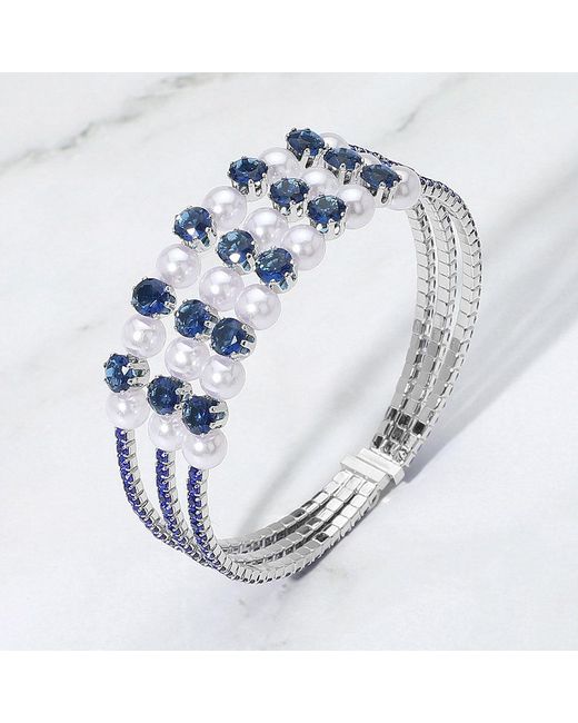 Fashnzfab Metallic Pearl Stone Bezel Point Rhinestone Paved Split Adjustable Evening Bracelet