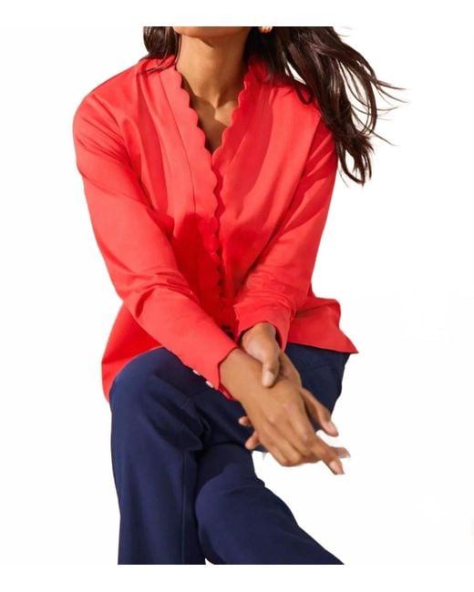 Foxcroft Red Scalloped Trim Button Down