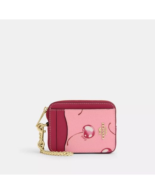 COACH Pink Zip Card Case With Cherry Print