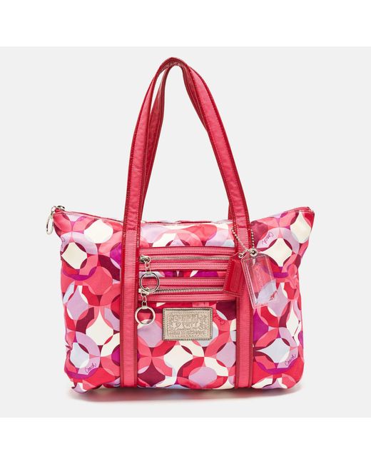 COACH Red Signature Satin And Patent Leather Tote