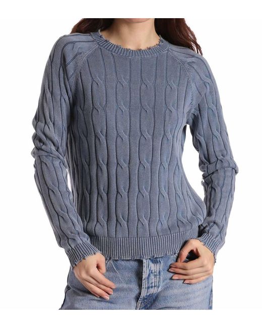 Minnie Rose Blue Cotton Distressed Cable Crew