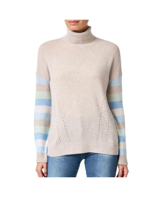 Kinross Cashmere Natural Stripe Sleeve Turtleneck Sweater