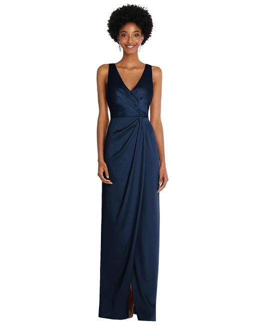 After Six Blue Faux Wrap Whisper Satin Maxi Dress With Draped Tulip Skirt