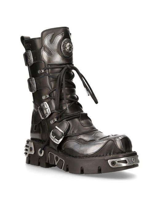 New Rock Flame Accented/ Leather Biker Boots- 107-S2 in Black | Lyst