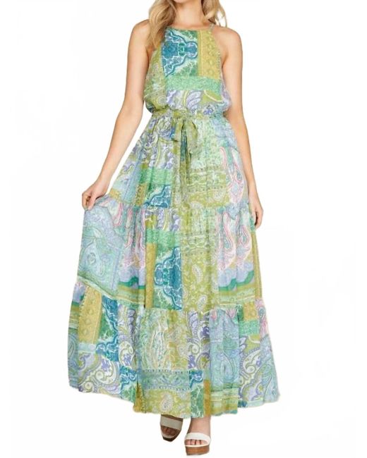 She + Sky Women's Blue Chiffon Patchwork Tiered Maxi Dress