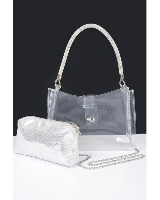 Fashnzfab Black Clear Small Hobo Bag W/Rhinestone Handle