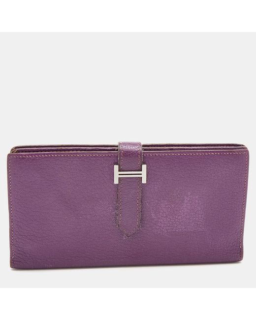 Hermès Purple Hermès Cyclamen Chevre Mysore Leather Palladium Finish Bearn Wallet