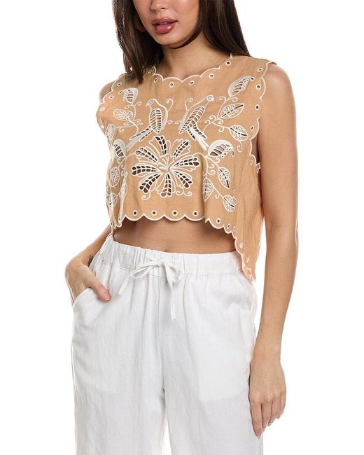 Farm Rio White Richilieu Linen-blend Crop Top