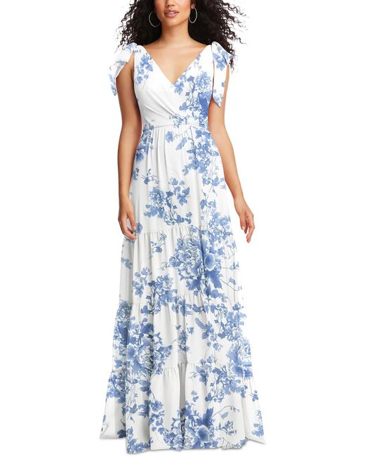 Social Bridesmaid Blue Bow Polyester Evening Dress