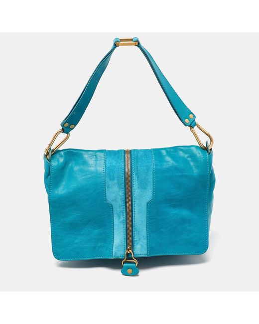 Jimmy Choo Blue Turquoise Leather And Suede Expandable Shoulder Bag