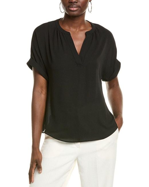Tahari Black Split Neck Rolled Cuff Blouse