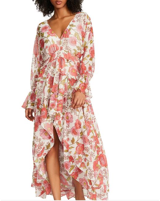 Steve Madden Red Sol Floral Long Sleeve High-low Maxi Dress