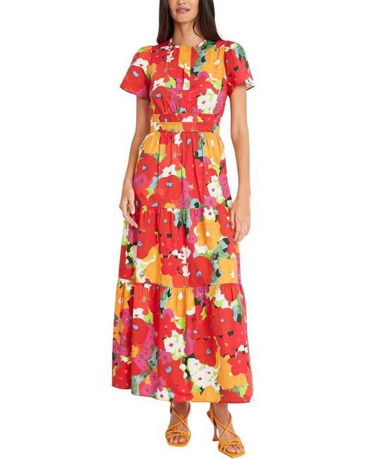 Maggy London Red Floral Print Cotton Midi Dress