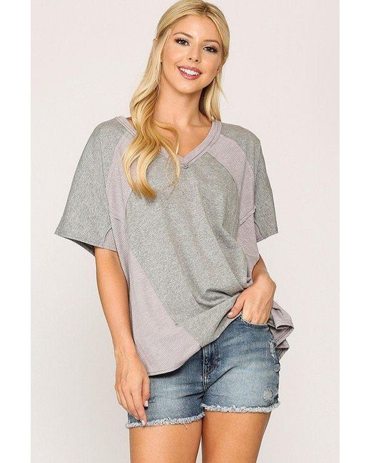 TRUEDAMES Women's Gray Rib Knit Mixed Dolman Sleeve Top With Round Hem