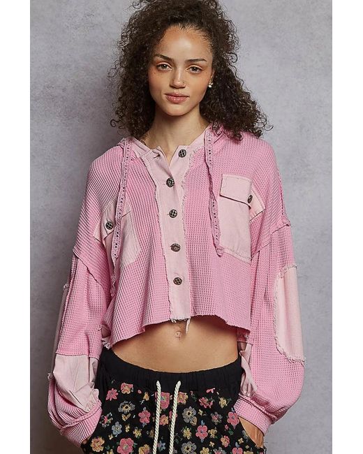 TRUEDAMES Pink Raw Hem Cropped Hooded Jacket