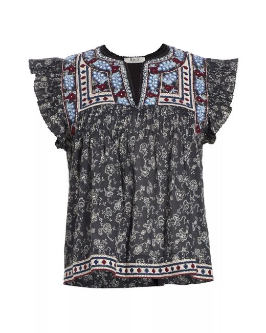Sea Gray Everly Embroidered Paisley Top Blouse