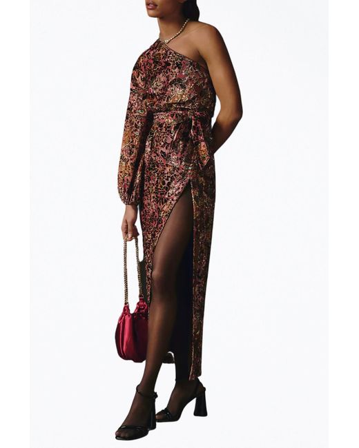 Hemant & Nandita Brown Vera One-shoulder Belted Velvet Maxi Dress