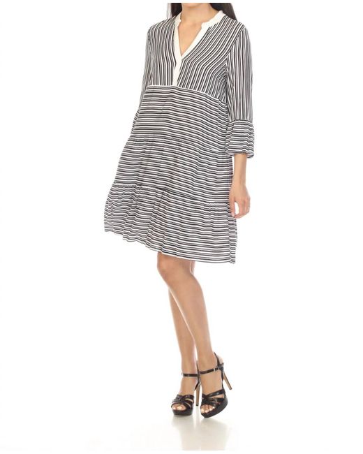 Joseph Ribkoff Gray Striped Bell Sleeves Tiered Trapeze Dress