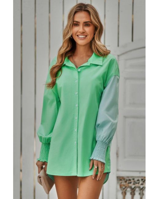 TRUEDAMES Green Color Block Button Down Cuffed Sleeves Blouse