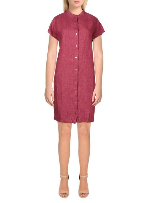 Eileen Fisher Red Mandarin Collar Mini Shirtdress