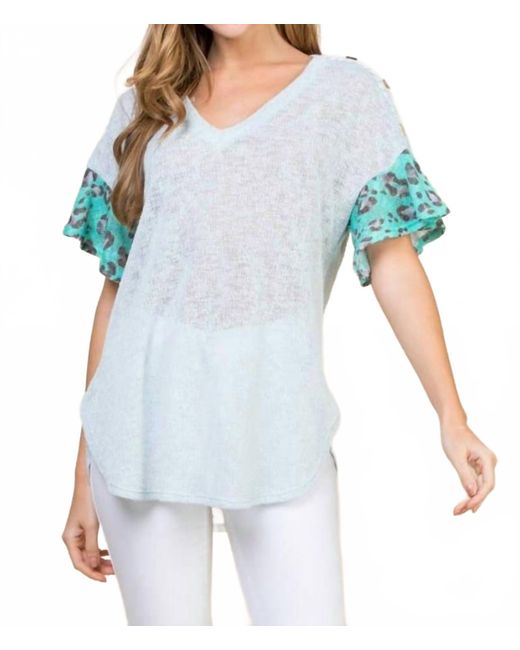 Emerald Collection Blue Lace Button Trim V Neck Top