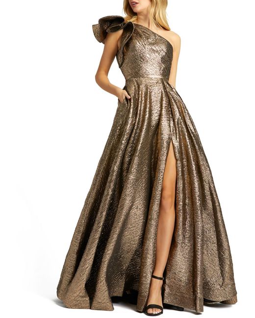 Mac Duggal Natural Metallic One Shoulder Evening Dress