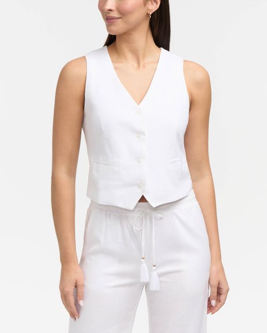 Ellen Tracy White Tailored Button-Front Linen Blend Vest