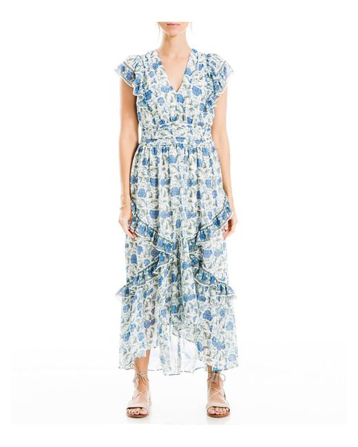 Max Studio Blue Floral Ruffle Midi Dress