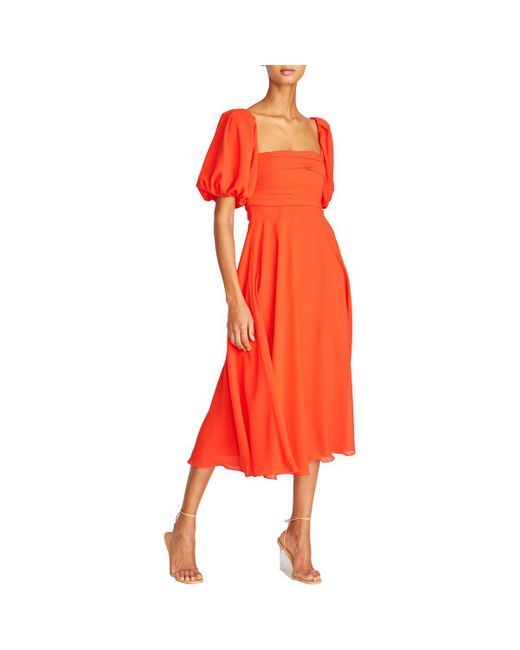 ML Monique Lhuillier Red Solid Polyester Midi Dress