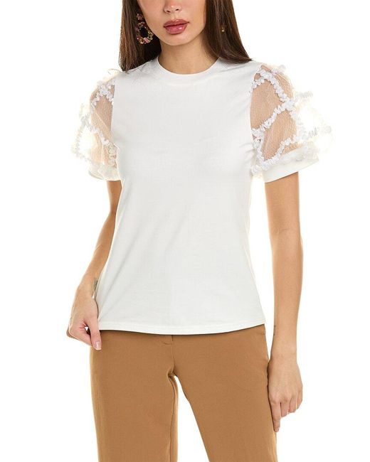 Gracia White Mesh Puff Sleeve T-shirt