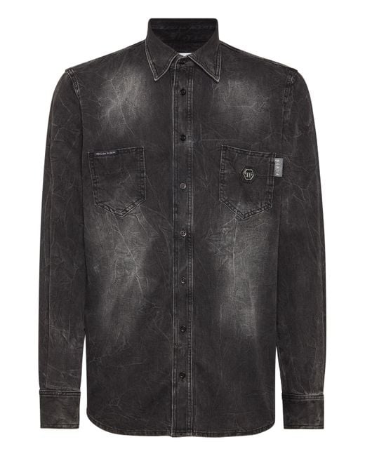 Philipp Plein Black Denim Shirt Long-Sleeve Skull & Bones for men