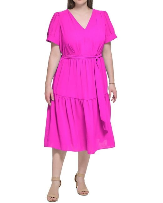 DKNY Pink Plus Tiered Polyester Midi Dress