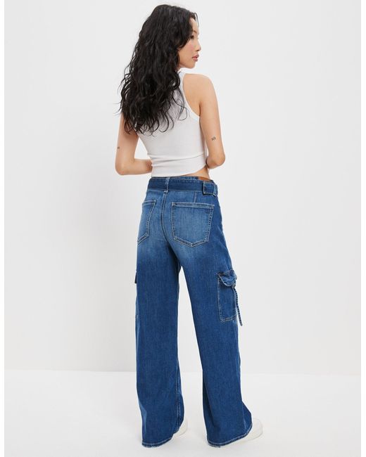 American Eagle Outfitters Blue Ae Dreamy Drape Stretch Super High-waisted Cargo baggy Wide-leg Jean