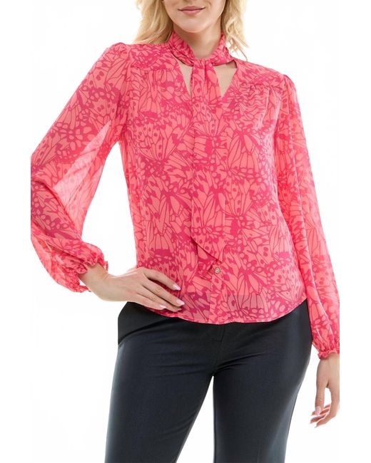 Nicole Miller Red Printed Button-Down Tie Neck Blouse