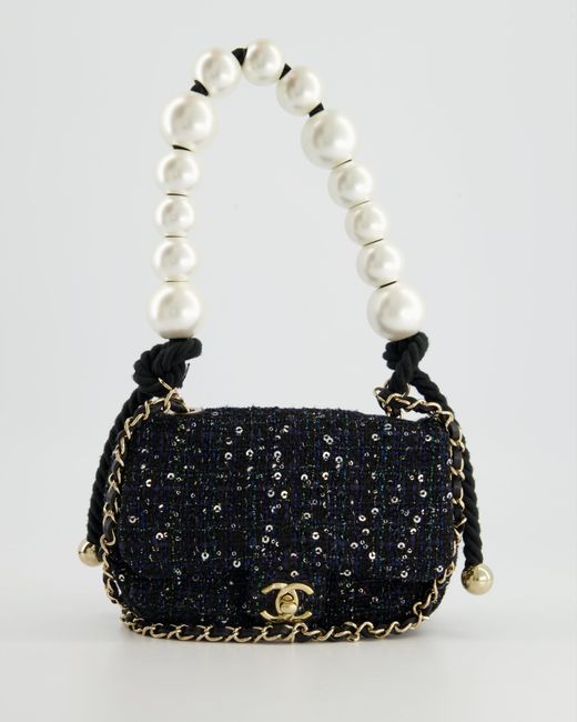 Chanel White Sequin Tweed Mini Rectangular Bag With Pearl Rope Handle And Champagne Gold Hardware