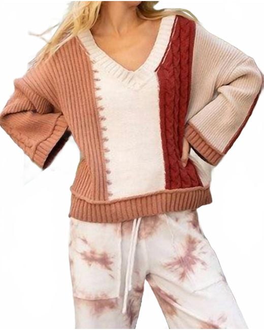 Pol White Color Block V-Neck Sweater