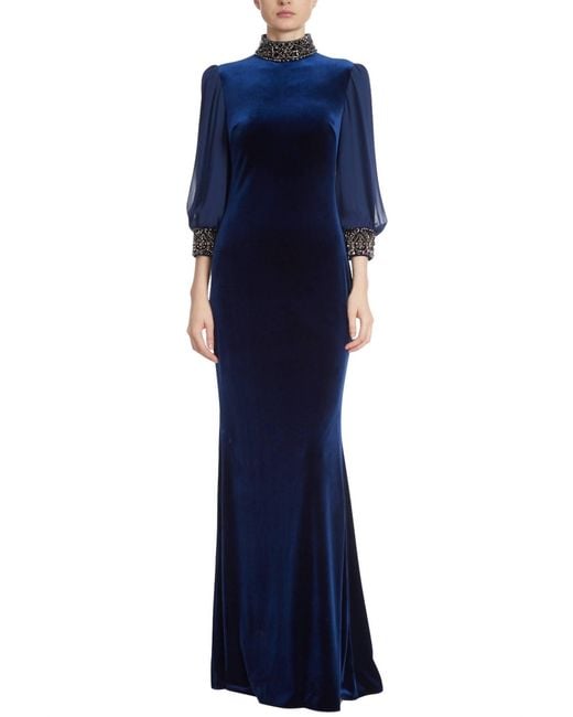 Badgley Mischka Blue Velvet Embellished Cuff Gown