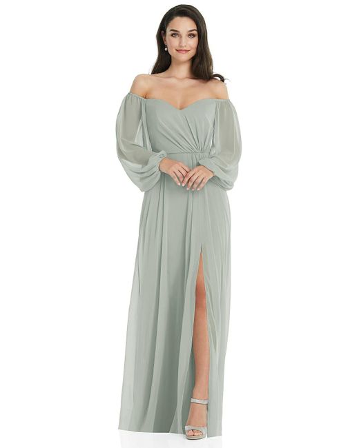 Dessy Collection Blue Off-the-shoulder Puff Sleeve Maxi Dress With Front Slit